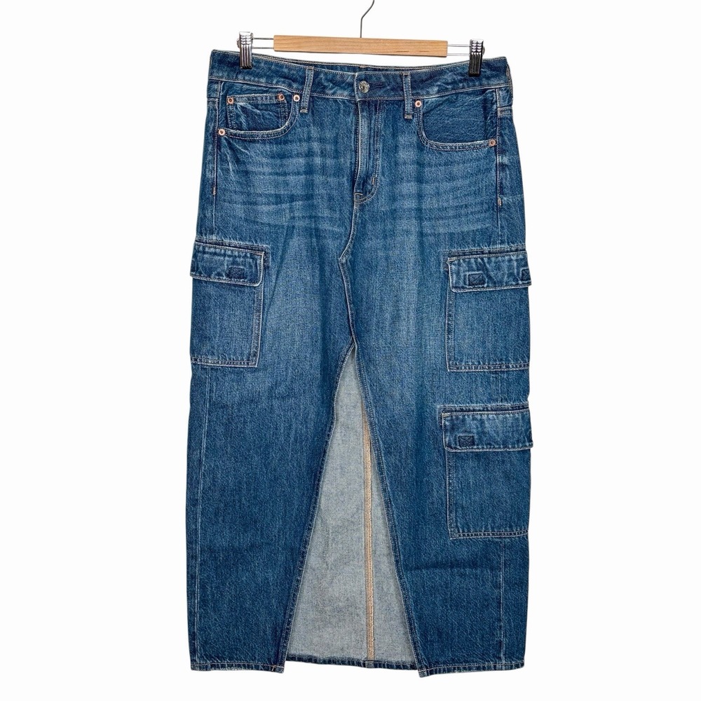 American Eagle Denim Low Rise Maxi Cargo Skirt Womens 8 Y2K Grunge Utility Jean